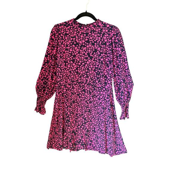 Loft Heart Print Long Sleeve Mini Dress Black Pink Smocked Cuffs Back Zip Small - Picture 1 of 7